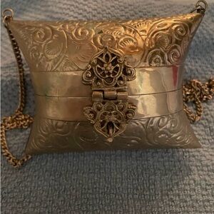 Elegant Vintage Gold Metal Embossed Pillow Shoulder Bag with scrolling design